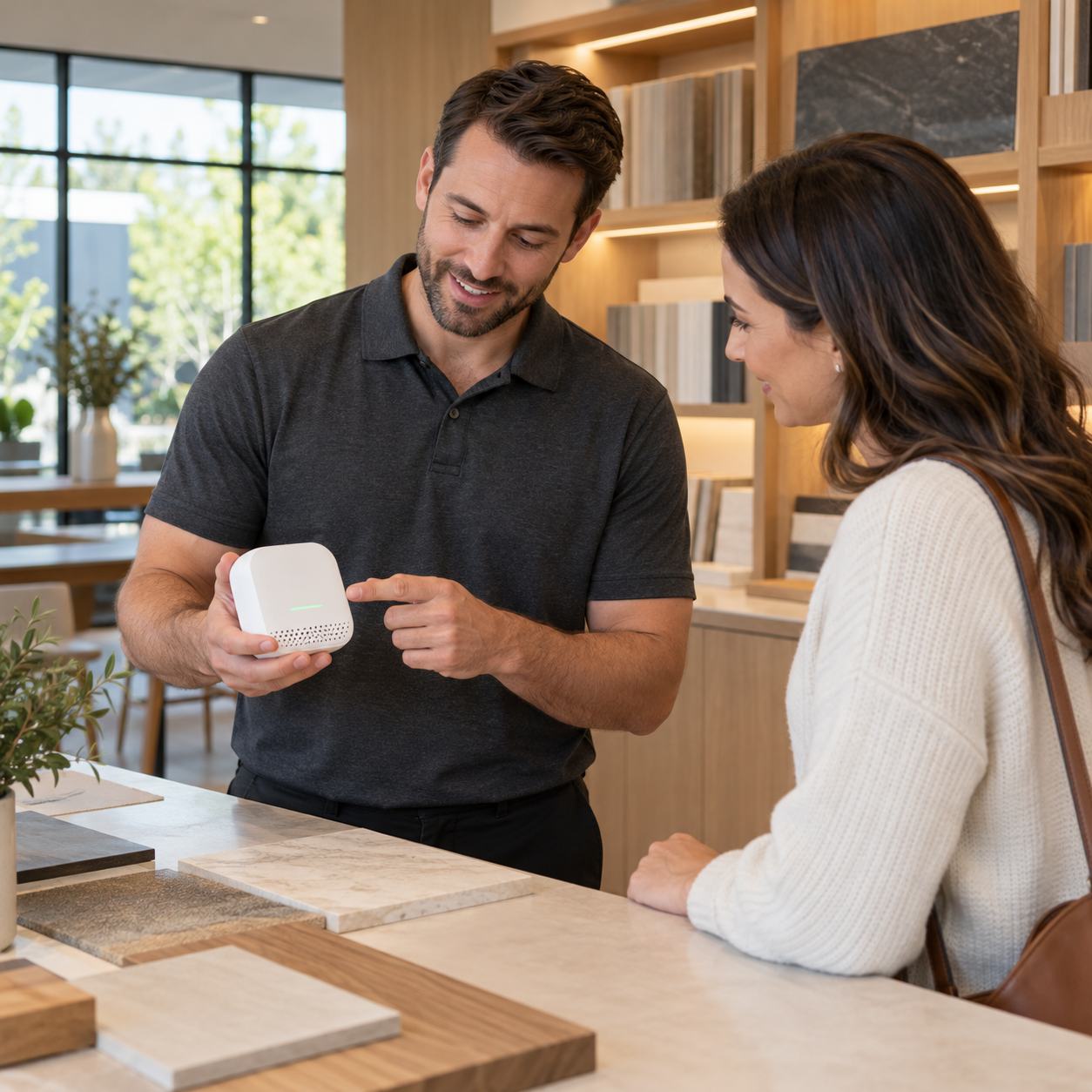 Consultant demonstrating an indoor air quality monitor to a visitor in a home design center.”
