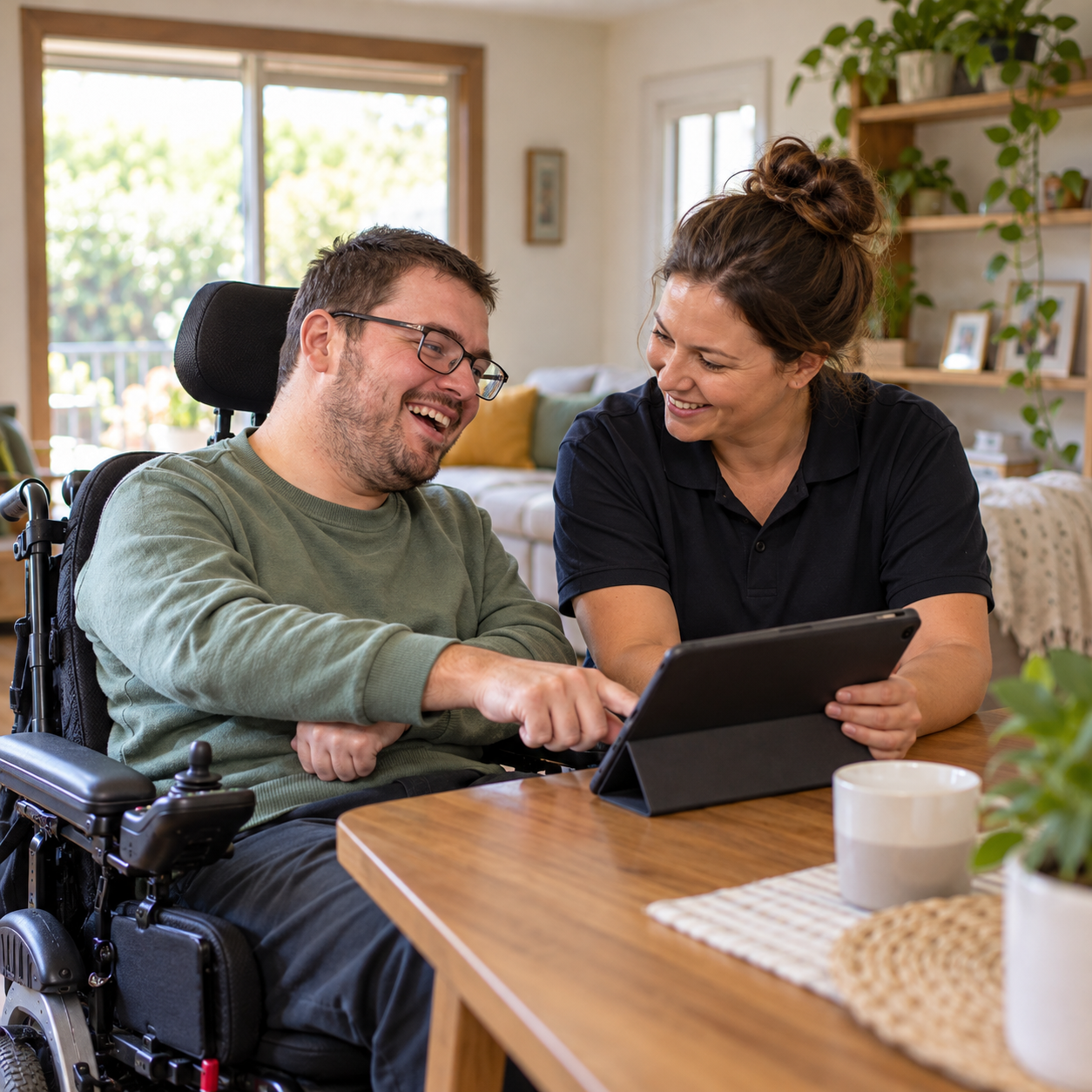 Adult using a wheelchair and a support professional smiling while using a tablet together at home.