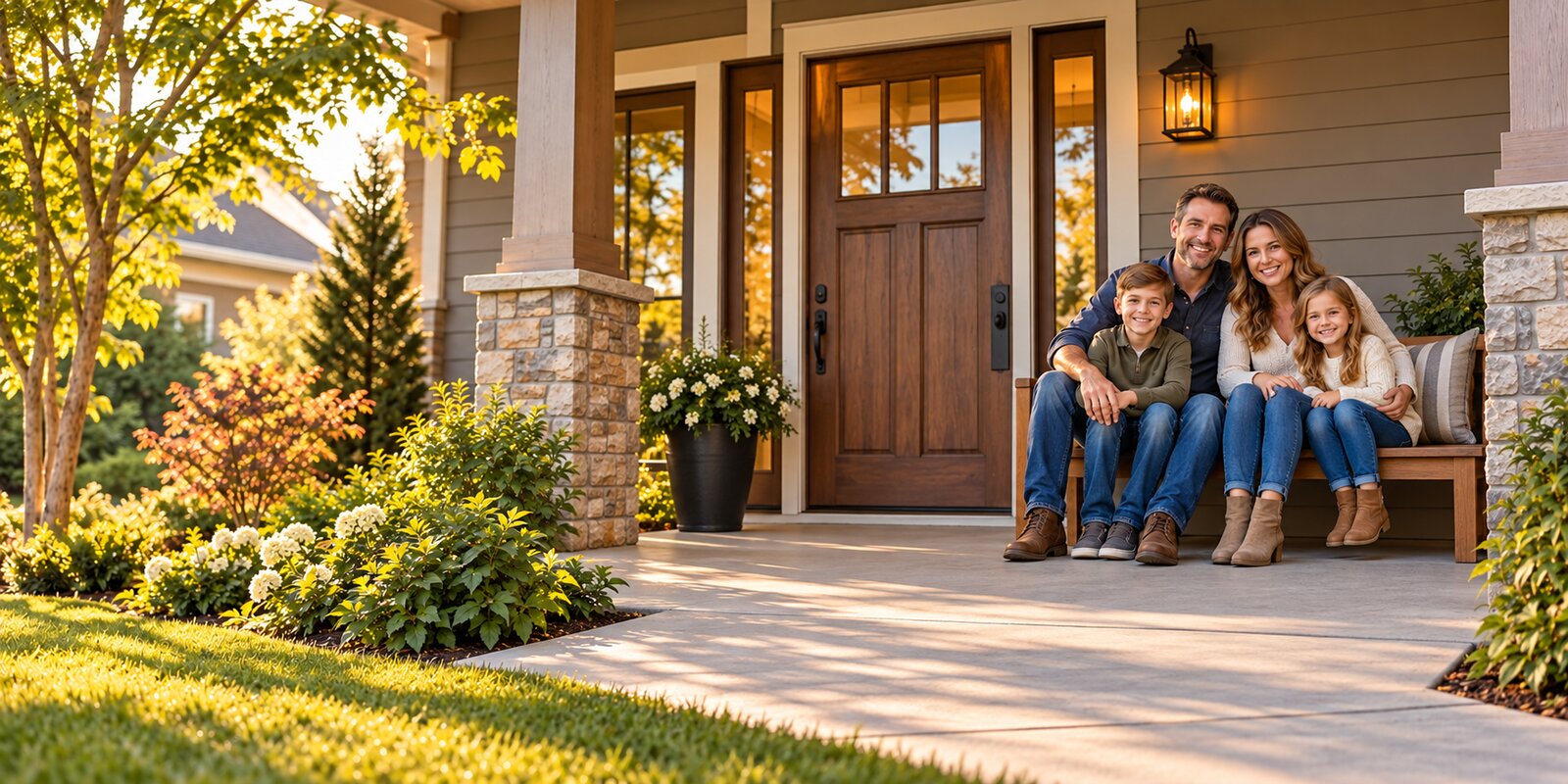 Family seated on a front porch beside a wide, step-free walkway leading to the home’s entrance.
